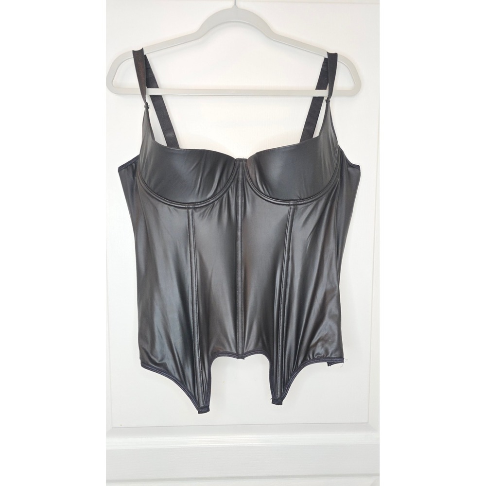 Faux Leather Corset Top Black Bustier Underwire Boning Hook Eye Closure S: XXL